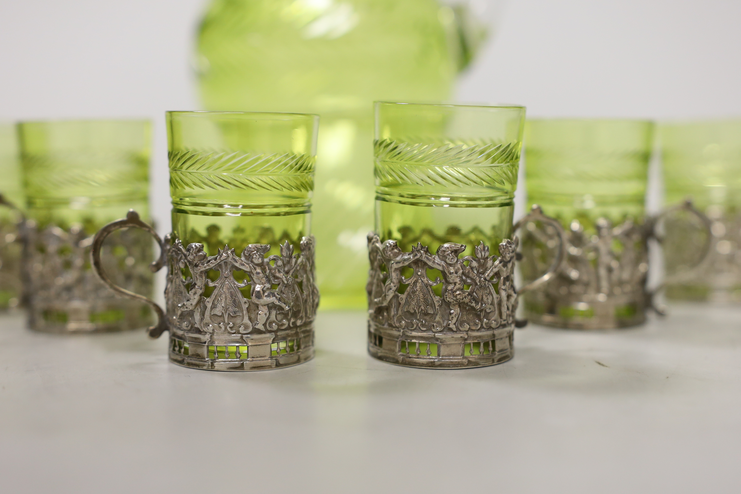 An Army & Navy Co-operative Society silver mounted yellow glass liqueur set, 1905